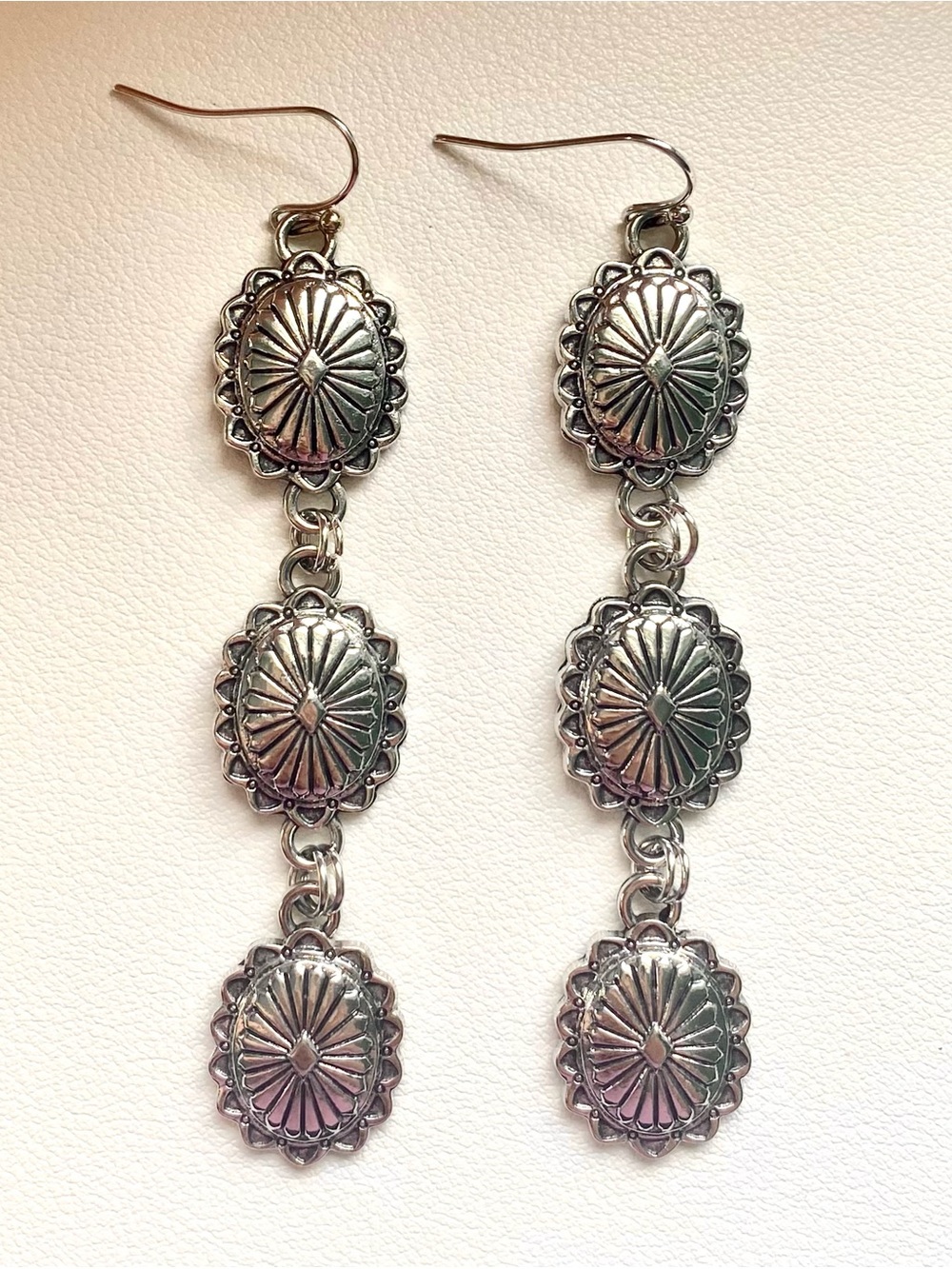 Silver Tone Triple Concho Drop Earrings